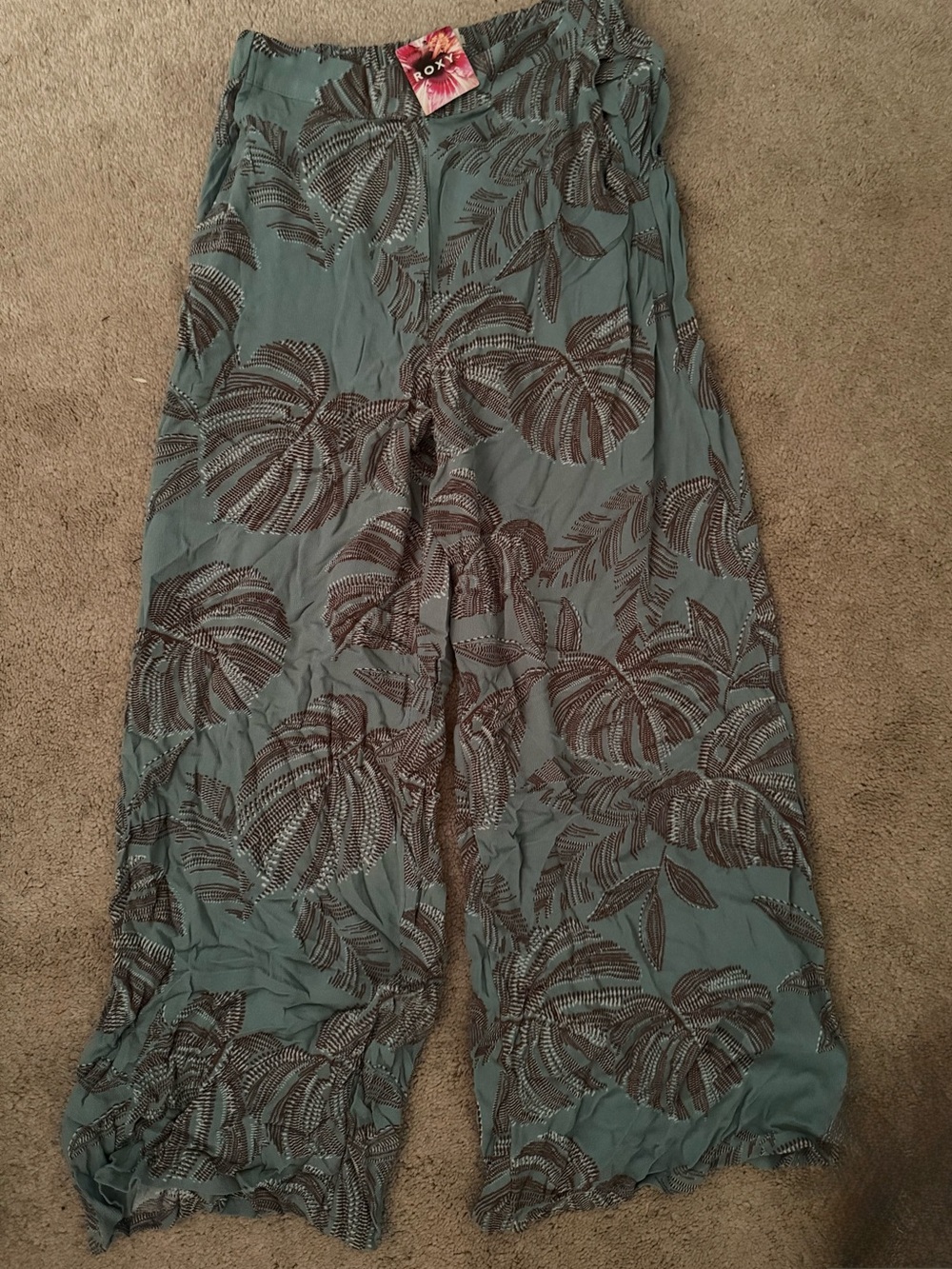 NEW Roxy Tropical Print Wide Leg Pants - Teal & Brown